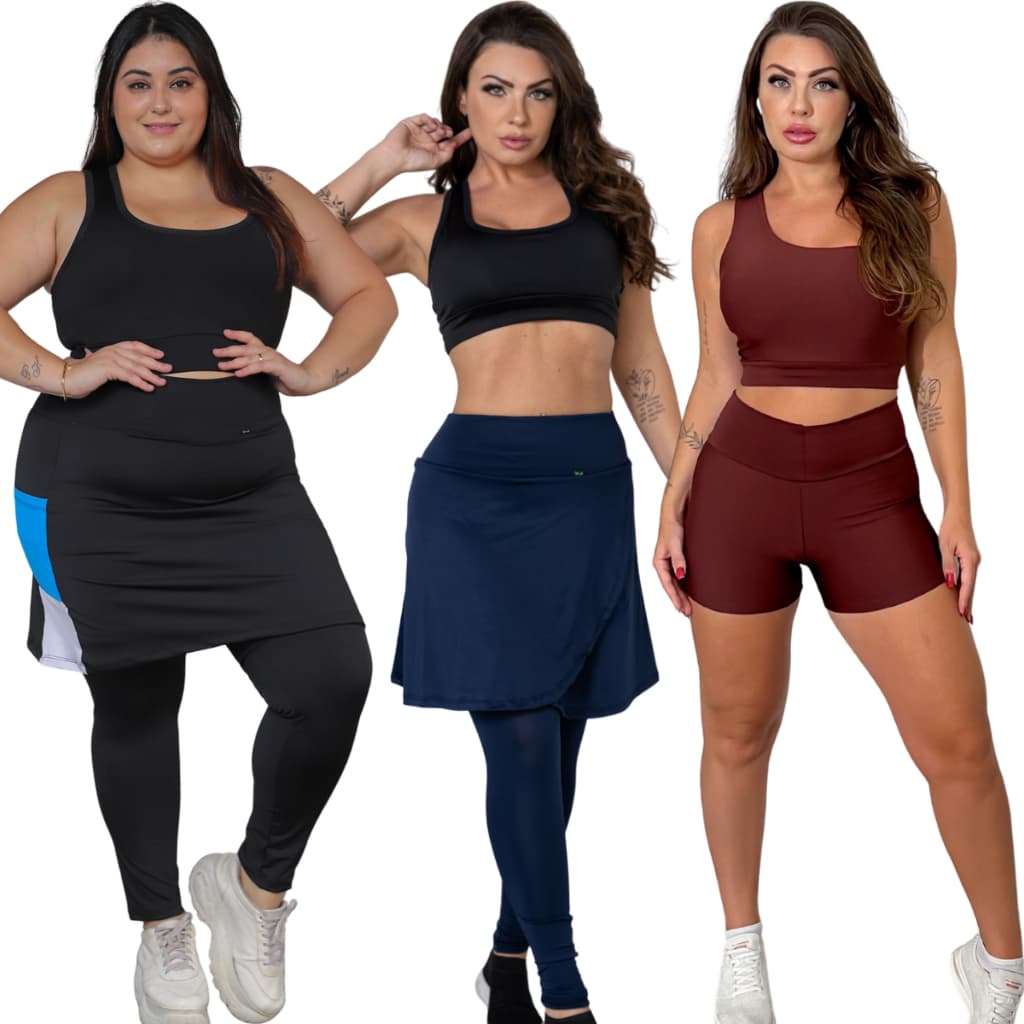 Roupa de academia M ao G3 plus size calça saia traçada legging com bolso conjunto top e short modinha