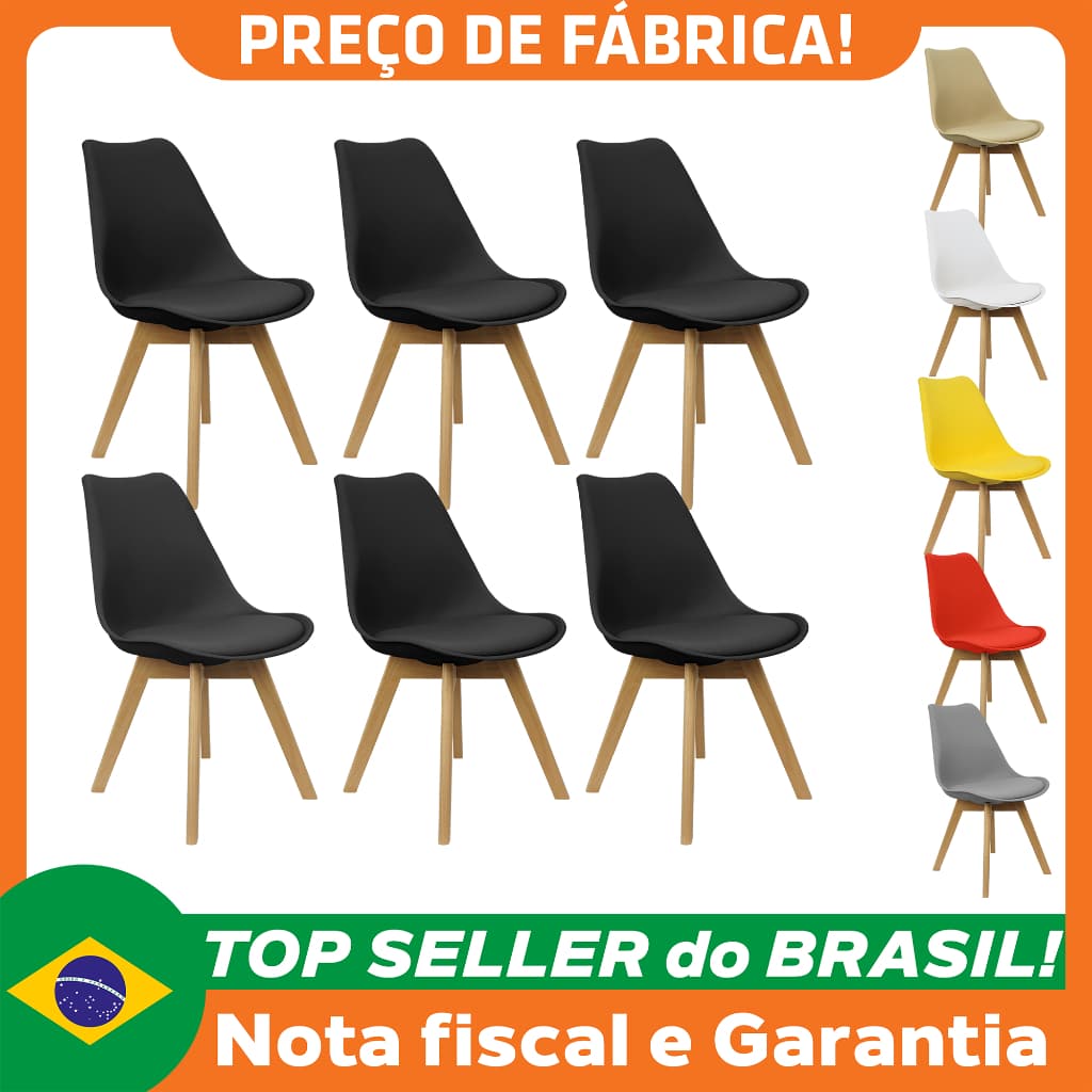 Kit 6 Cadeiras Charles Eames Leda Luisa Saarinen Design Wood Estofada Base Madeira