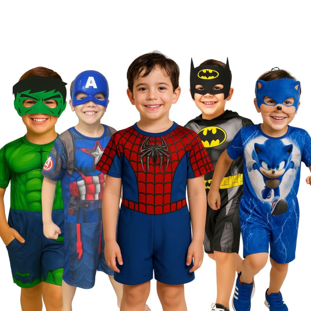 Fantasia Infantil Masculina Herói com Máscara Roupa Curta para Festa e Brincar Carnaval