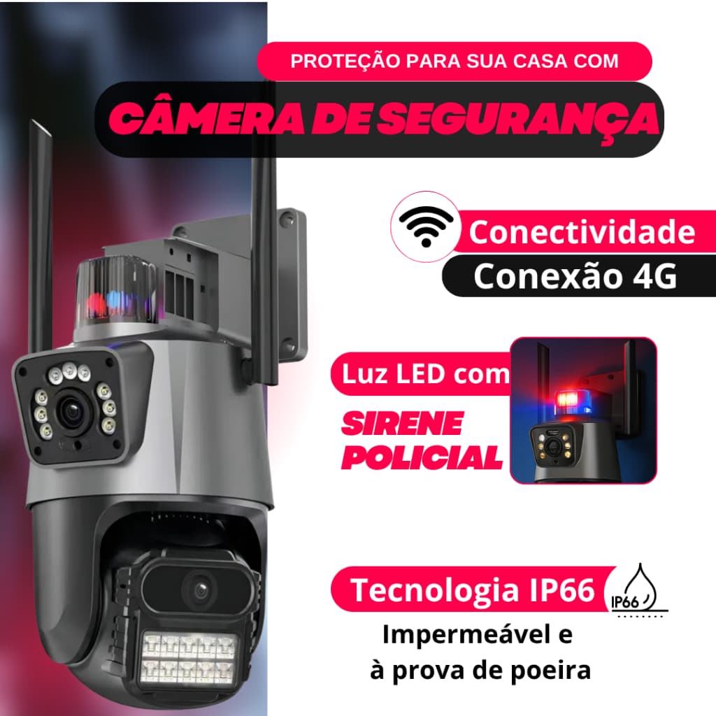 Câmera Externa App V3 4G com Alarme Sirene Lente Dupla 3.6mm Rotação Visão Noturna