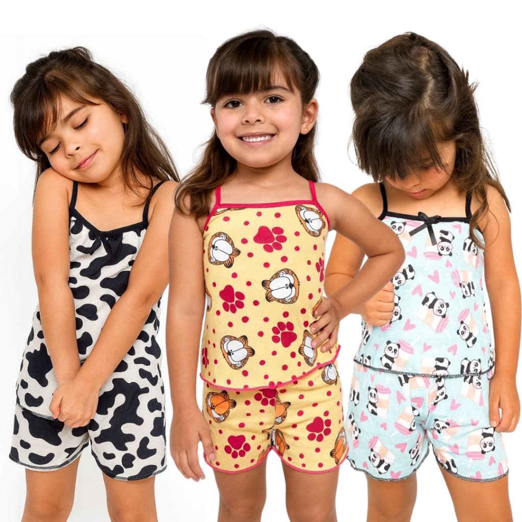 Kit 3 Pijama Criança Infantil Short Dool e Baby Doll Menina Verão Juvenil Menininha Estampadinho Garota OFERTA