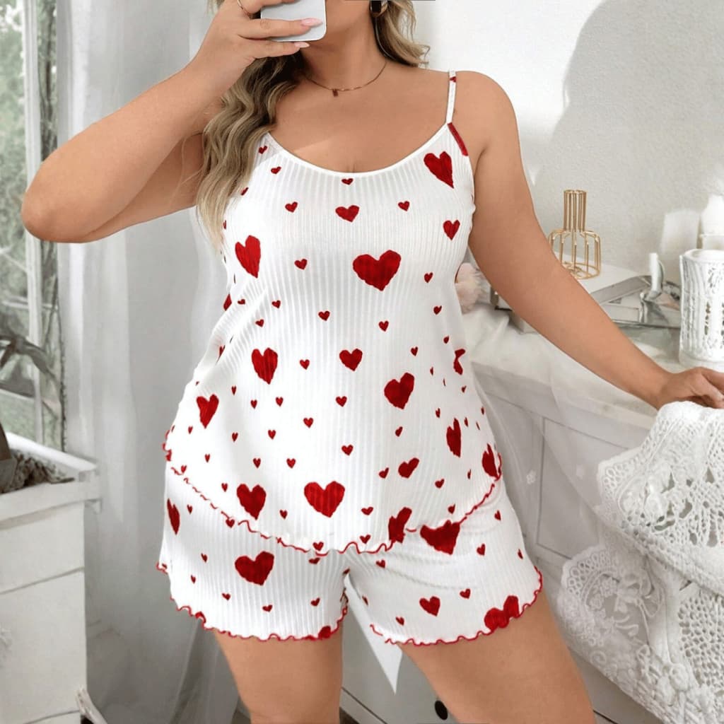 Conjunto Pijama Plus Size Feminino Baby dool Estampa de Coração Verão Tamanho G1 ao G3