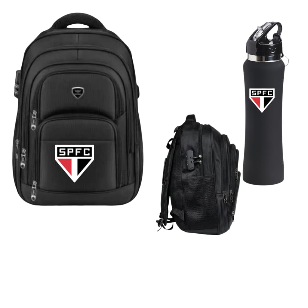 Mochila Bolsa Masculina Time Sao Paulo reforçada + Garrafa Térmica De Água 600ML Com Bico Chaveiro Academia/Escola