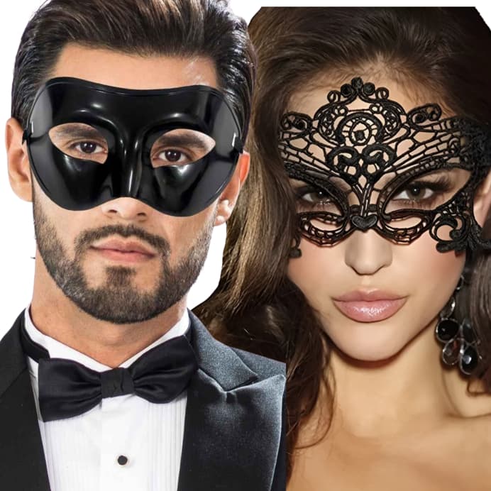 Kit com 2 Máscaras de Festa para Casal - Renda e Plástico, Preto