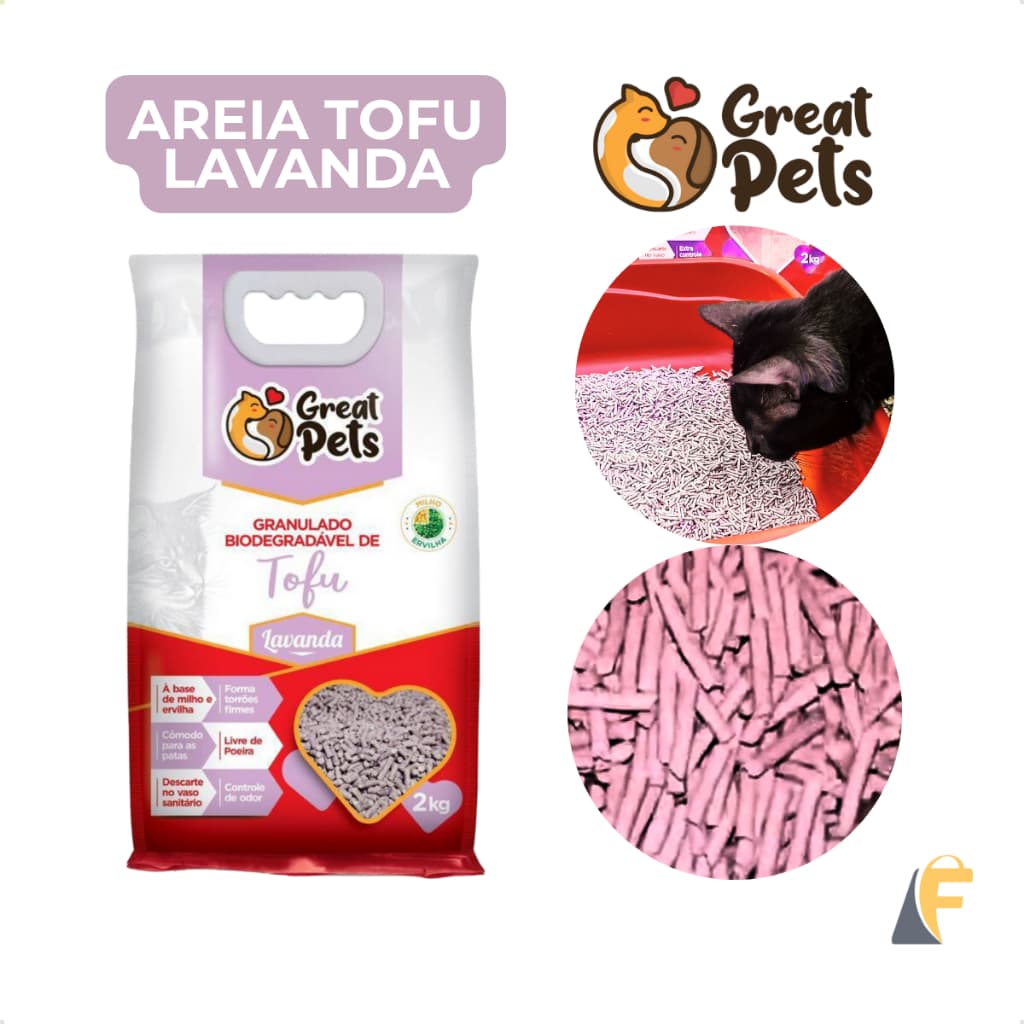 Areia Gatos Tofu 2kg Granulado Biodegradável Higiênico Lavanda Great Pets