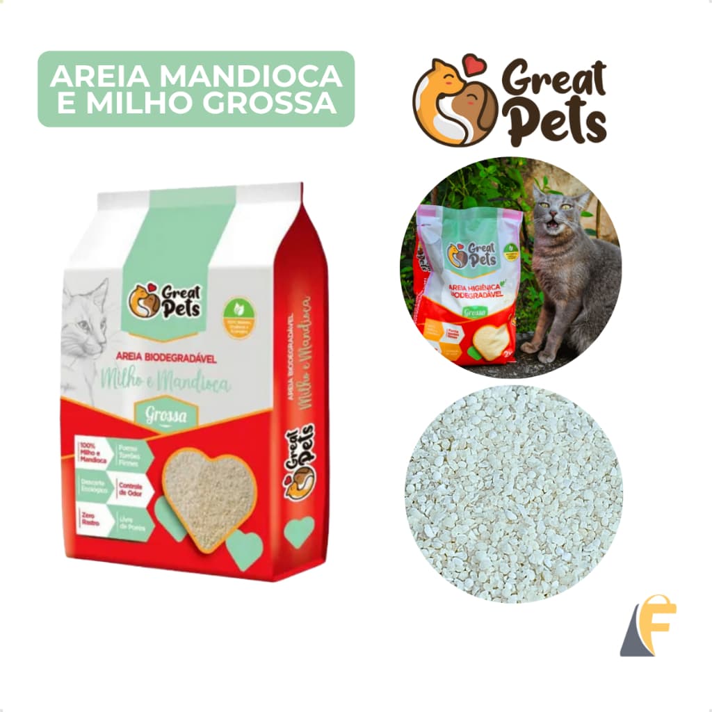 Areia Gatos Higiênica Granulado Biodegradável 2kg Grossa Mandioca e Milho Great Pets