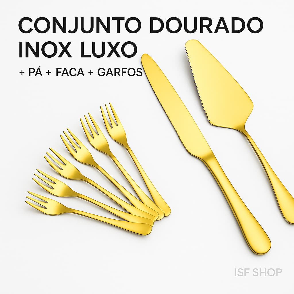 Conjunto Pá e Faca Dourada Inox + Garfos Sobremesa Luxo Tortas Pizza Bolos Sobremesas