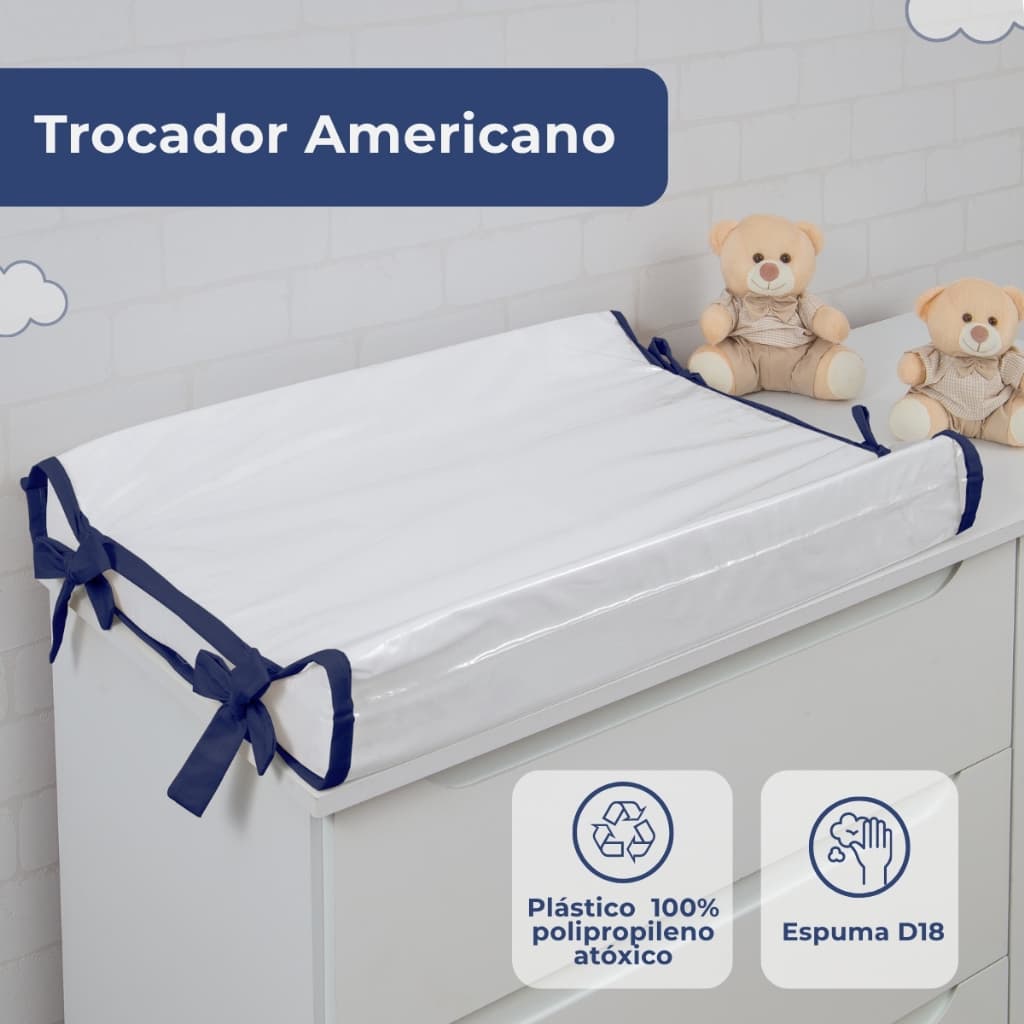 Trocador Anatomico para Comoda 65x40 Branco com Azul Marinho Trocador Americano com Capa Plástica