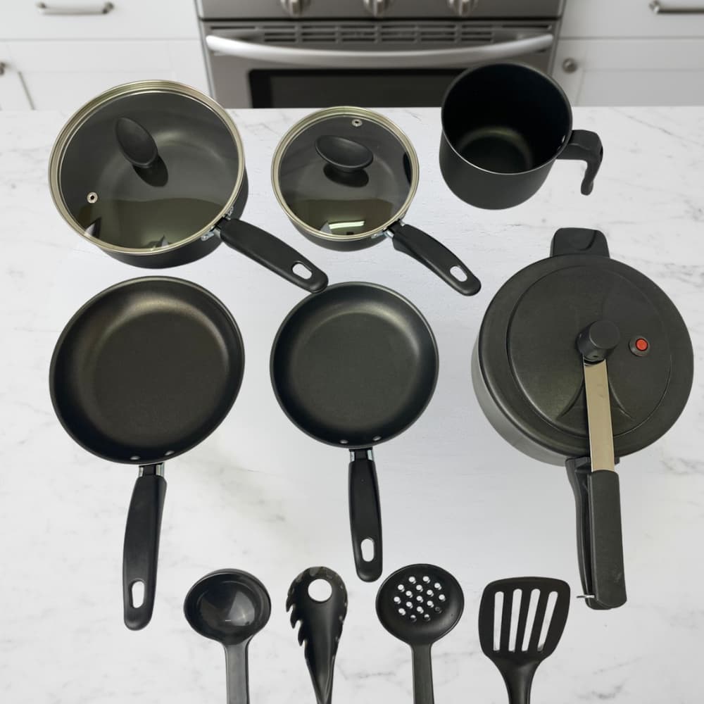 Jogo de Panelas 10 peças-Antiaderente com Panela de pressão+ Utensílios de cozinha - Preto e Cereja