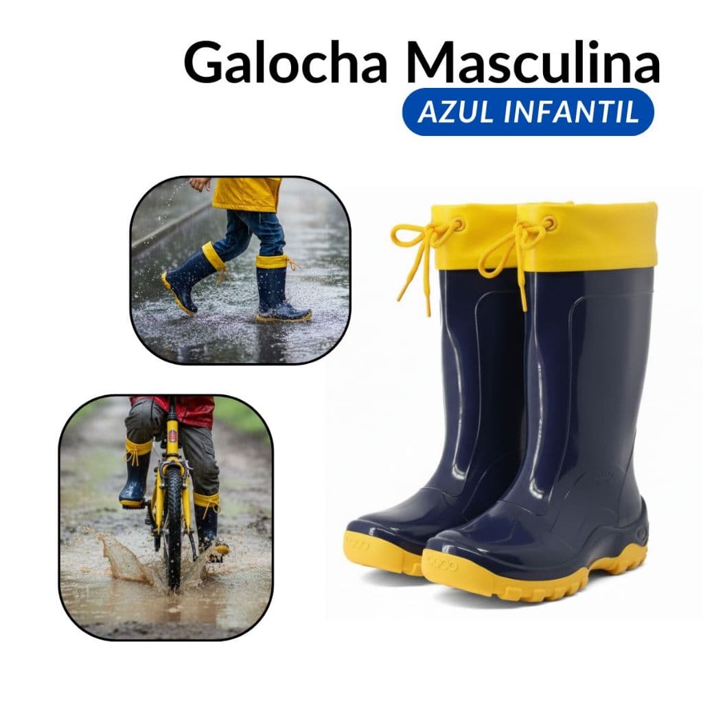 Bota Infantil Impermeável Azul Amarela Galocha c/Amarra