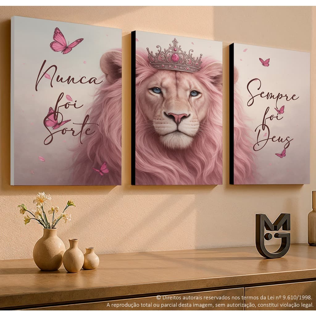 Quadro Decorativo 3 Peças Leão Rosa Borboletas Nunca foi Sorte Decoração Sala Quarto Escritório