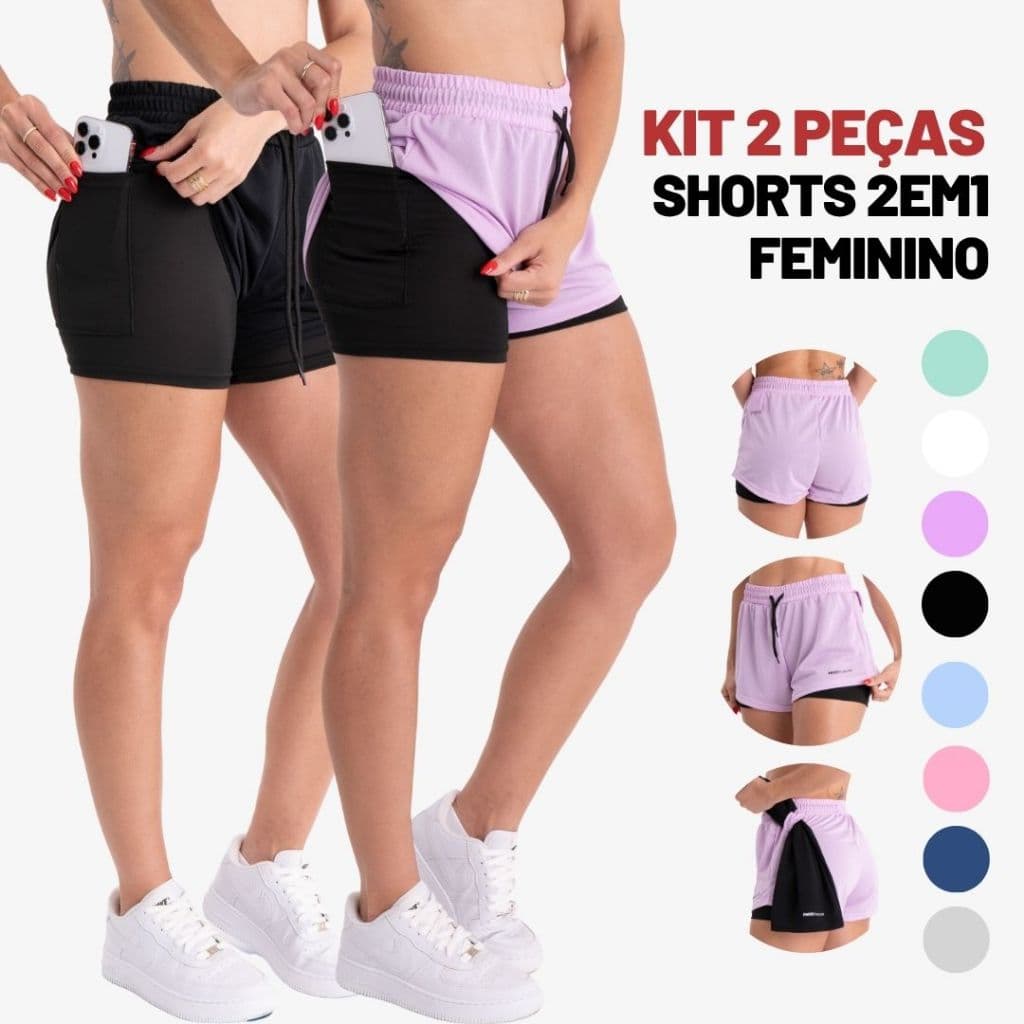 Kit 2 Shorts 2 em 1 Feminino Dryfit Bermuda Dupla Para Treino Academia Caminhada e Outros Esportes