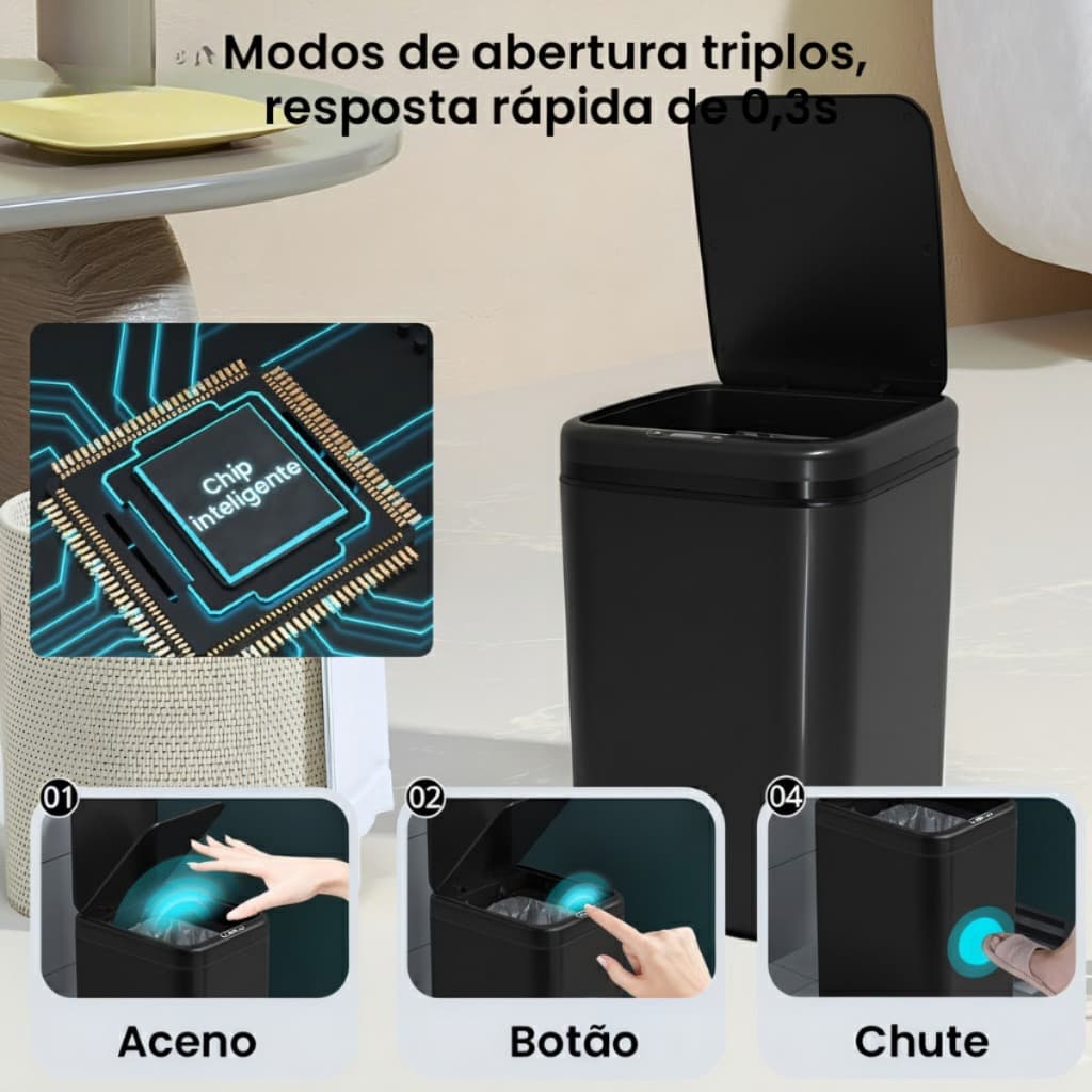 Lixeira Automática Sensor Inteligente Recarregável Higiênica Casa Escritório Cozinha Preto 16 Litros