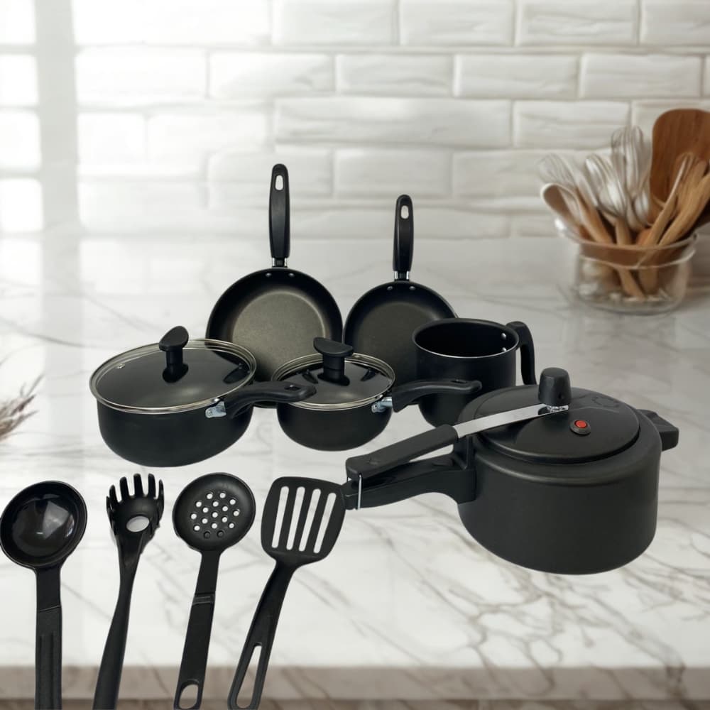 Kit de Panelas+ Frigideiras+ Panela de Pressão+ Utensílios - Antiaderente com 10 peças