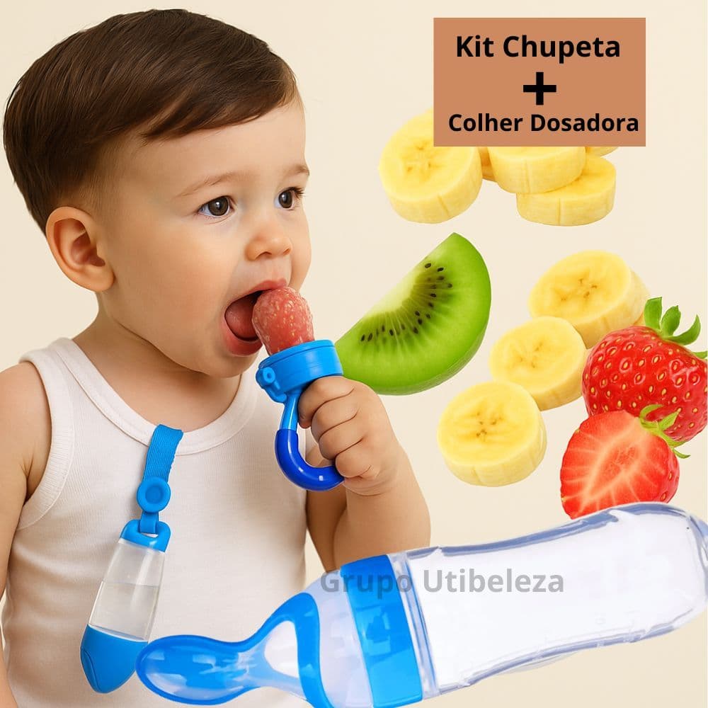 Alimentação Infantil  Chupeta Porta Frutas + Mamadeira de Silicone com Colher Dosadora