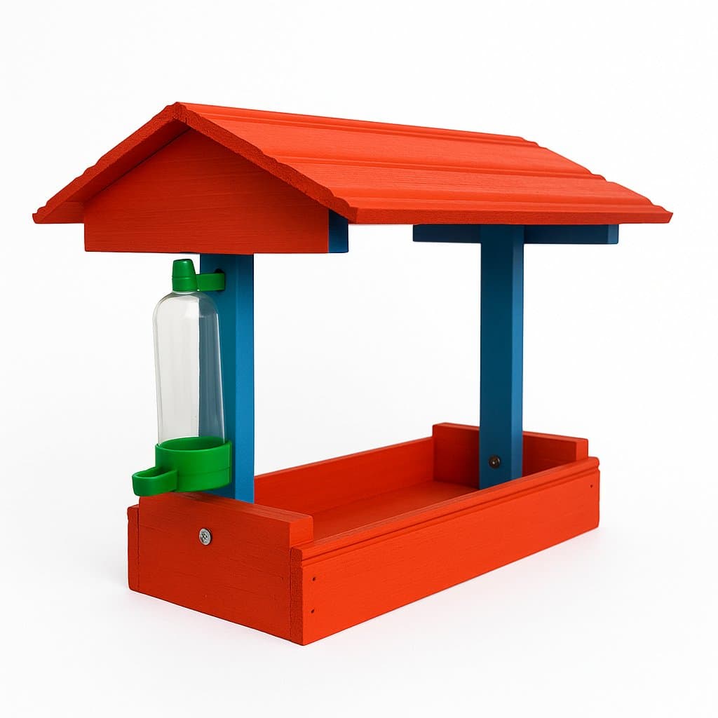 Casinha Comedouro para Pássaros Livres Tratador Azul em Madeira Porta Ração Aves e Habitat Natural