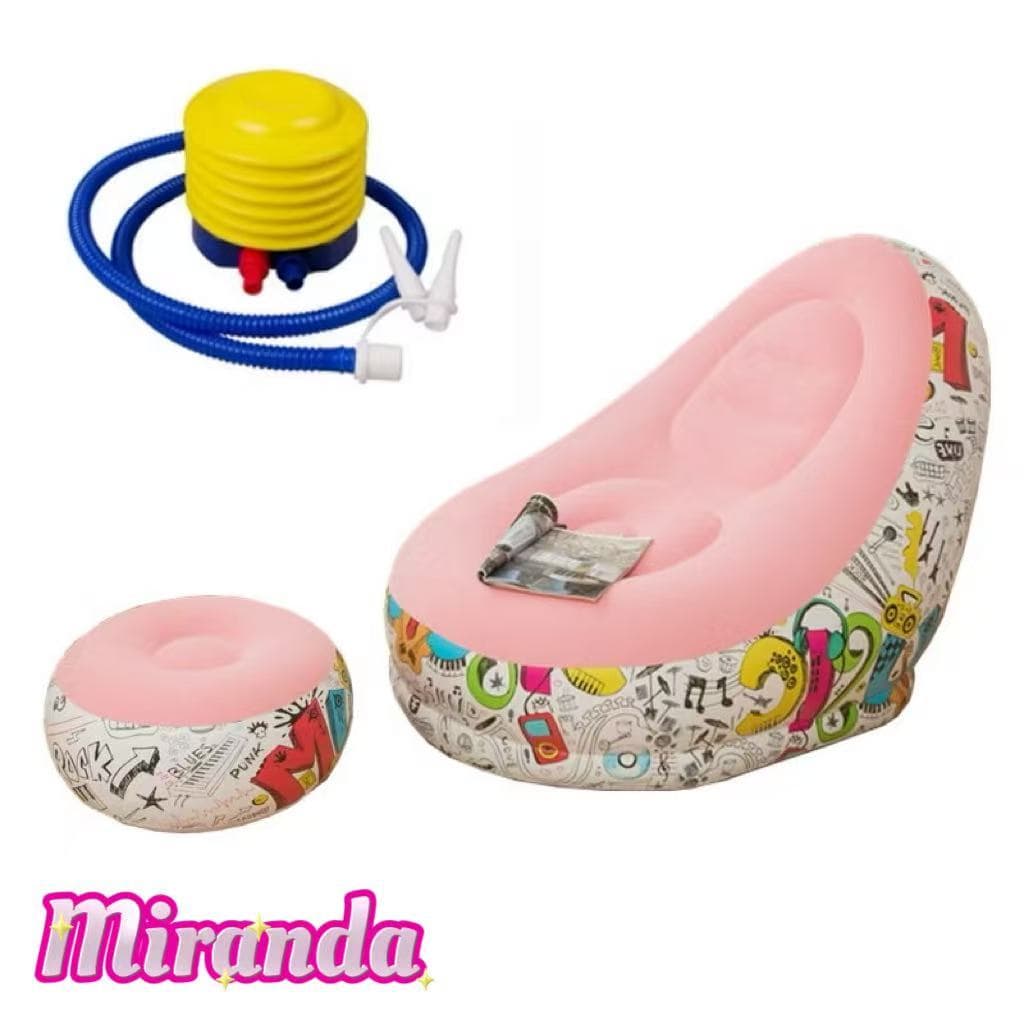 Conjunto Poltrona e Puff Inflável Com Estampa Descanso Preguiçoso Sofá Poltrona + Apoio Para Pés--