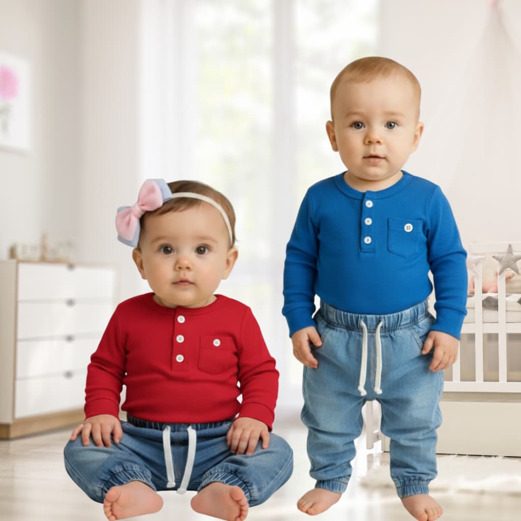 Conjunto de Bebê sendo Body Manga Longa com Bolso e Calça Jeans Saruel Desbotada kit Criança Natal