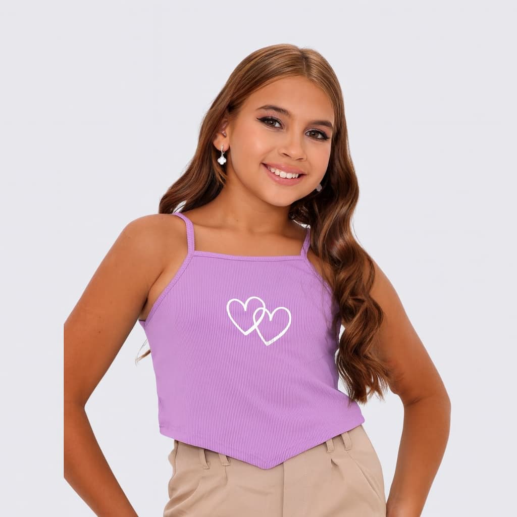 Cropped Menina Estampado Coração Regatinha Canelado Moda Fashion