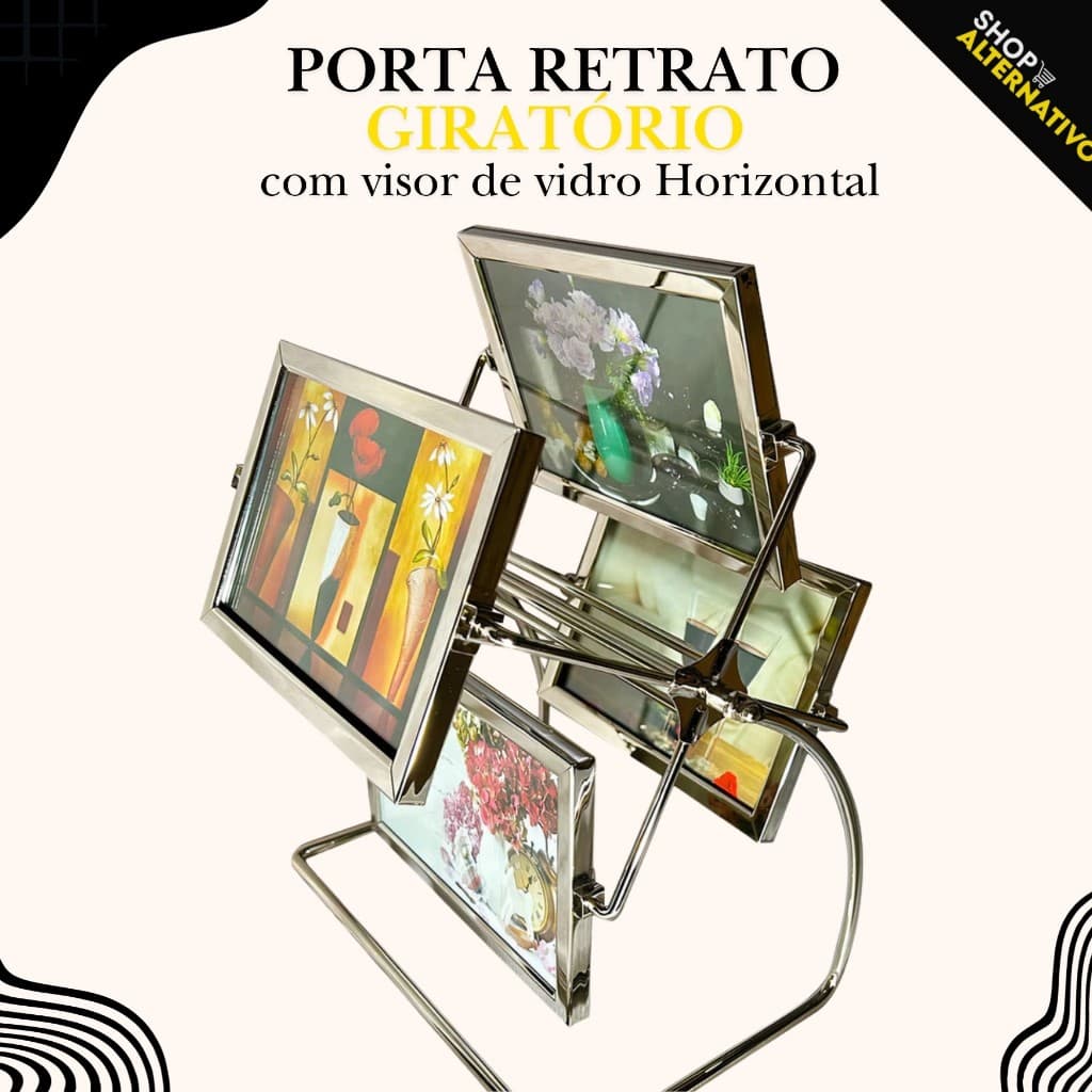 Porta Retrato Giratório em Metal com Visor de Vidro  8 Fotos 10x15 Horizontal