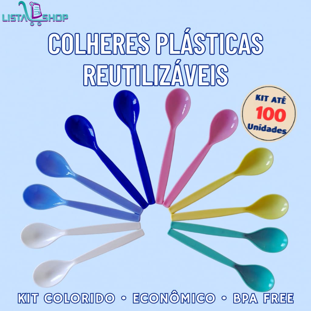 Kit Colher de Plástico Reutilizável Escolar Resistente Festa Sobremesa Merenda Infantil até 100 Peça