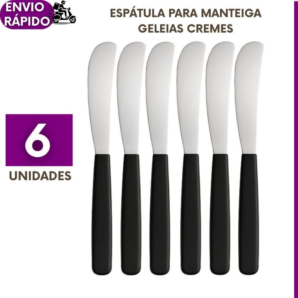 Kit 6 Espátulas Para Manteigas Requeijão Geleias Patês Premium Inox Cabo Preto Pão Café Cozinha