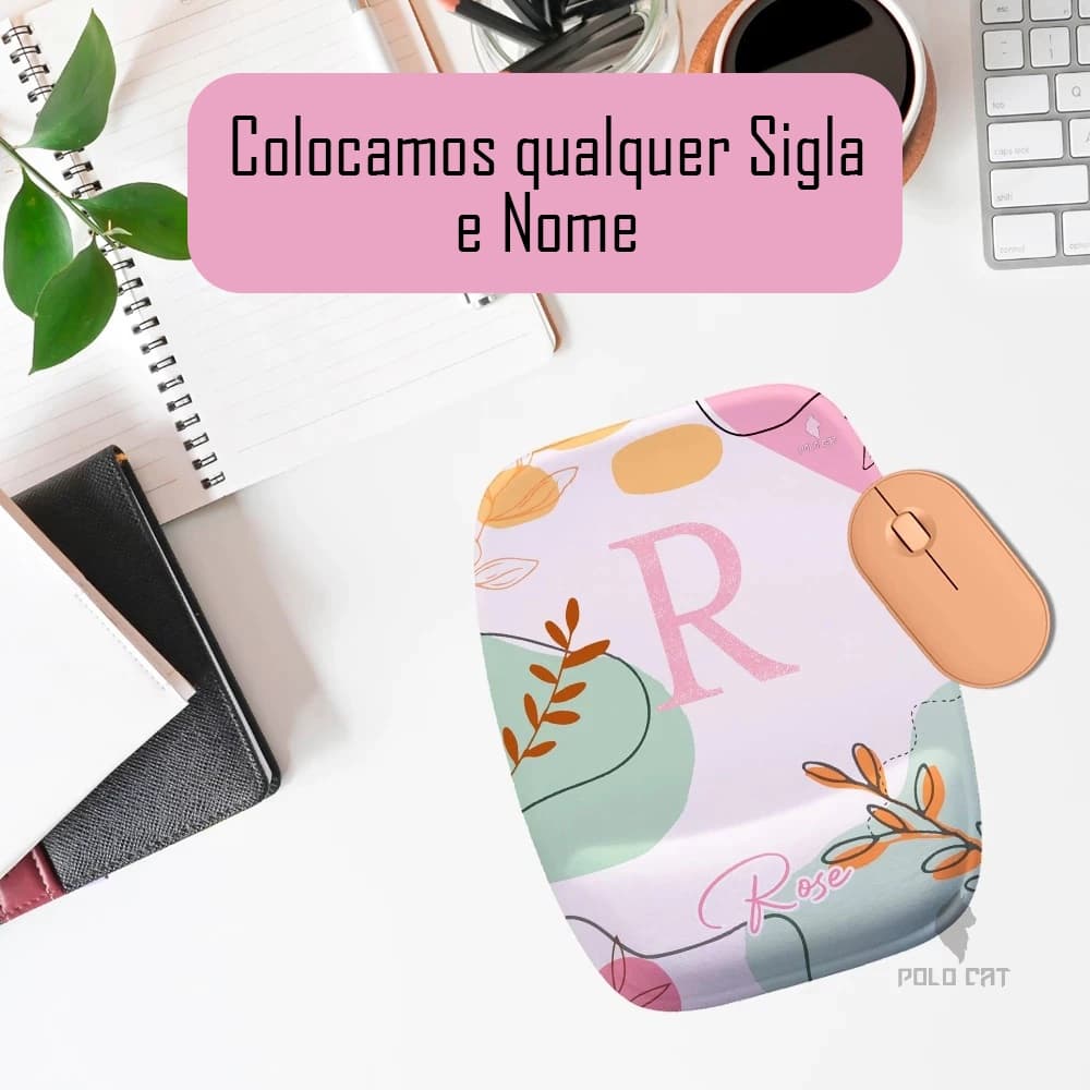 Mouse Pad Ergonomico Retangular Personalizado com Nome Verde Rosa com Petalas