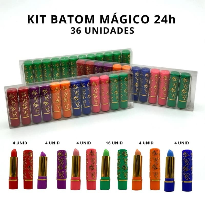 Kit 36 Batons Mágicos 24h | Muda de Cor | Longa Duração | 1 Dúzia Verde + 2 Dúzias Coloridas | Atacado