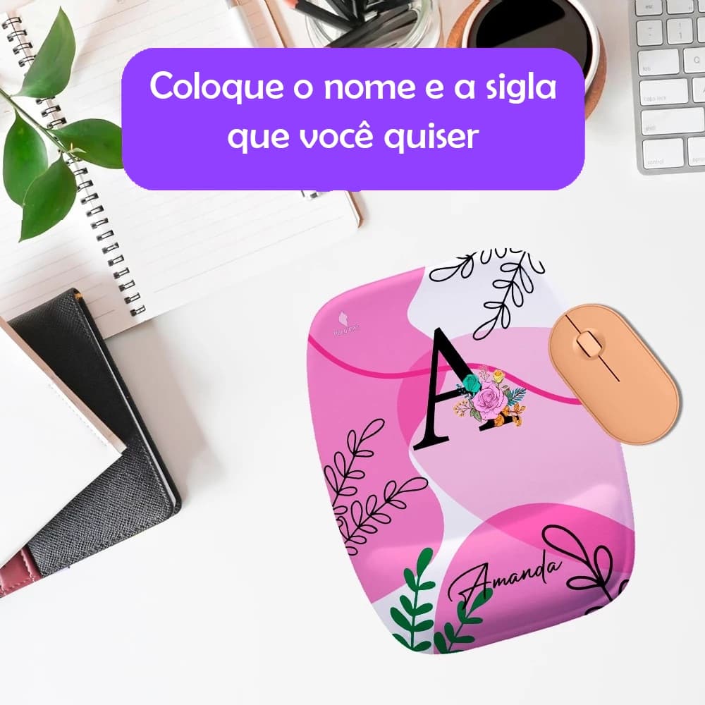 Mouse Pad Ergonomico Retangular Personalizado com Nome Flores Formas Lilas