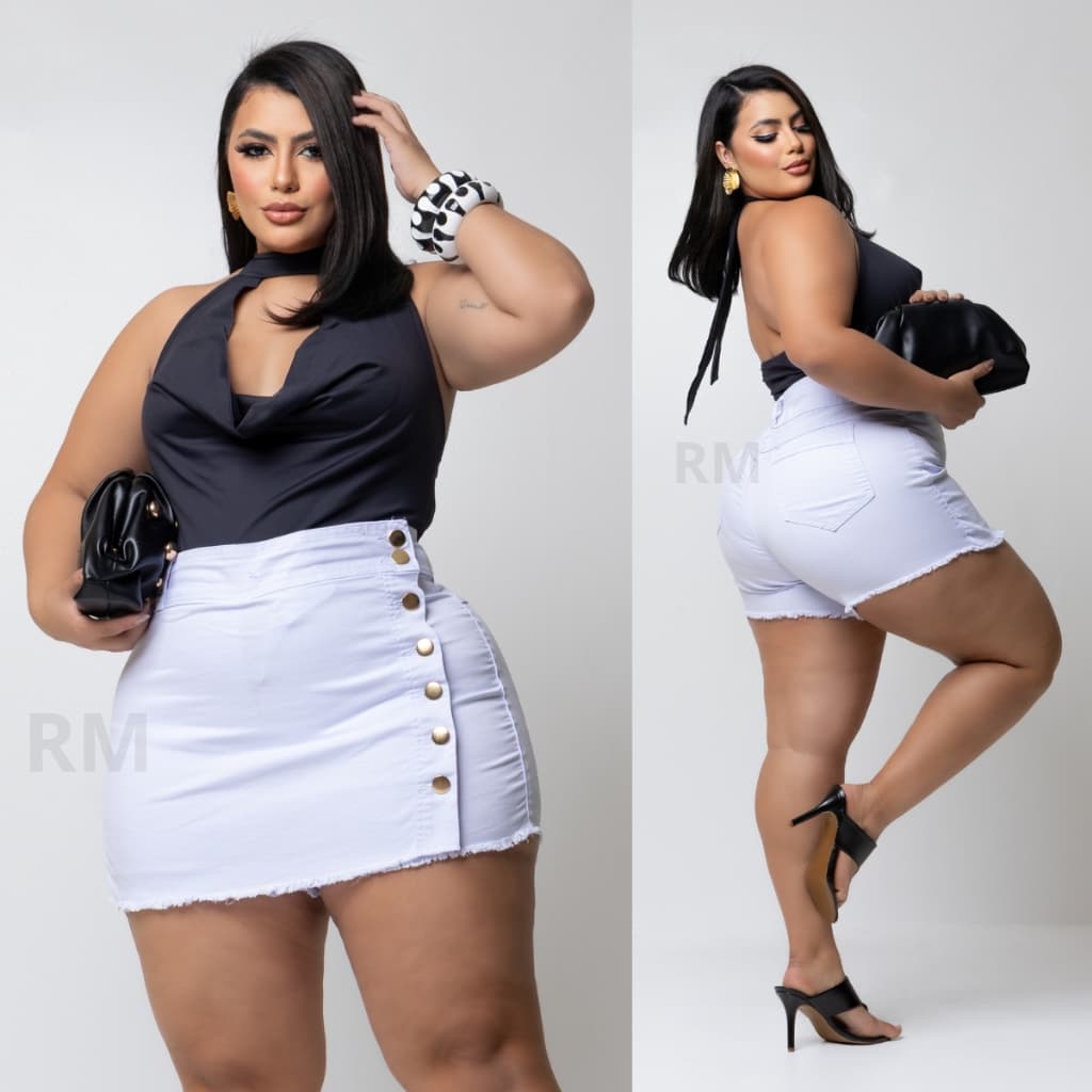 Short Saia Jeans Feminino Plus Size C/ Lycra Cintura Alta Veste Super Bem