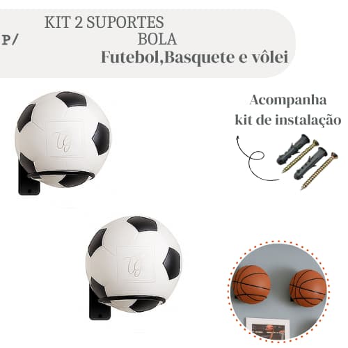 KIT 2 SUPORTES DE PAREDE PARA BOLA – FUTEBOL, BASQUETE E VÔLEI – PARAFUSOS E BUCHAS INCLUSOS