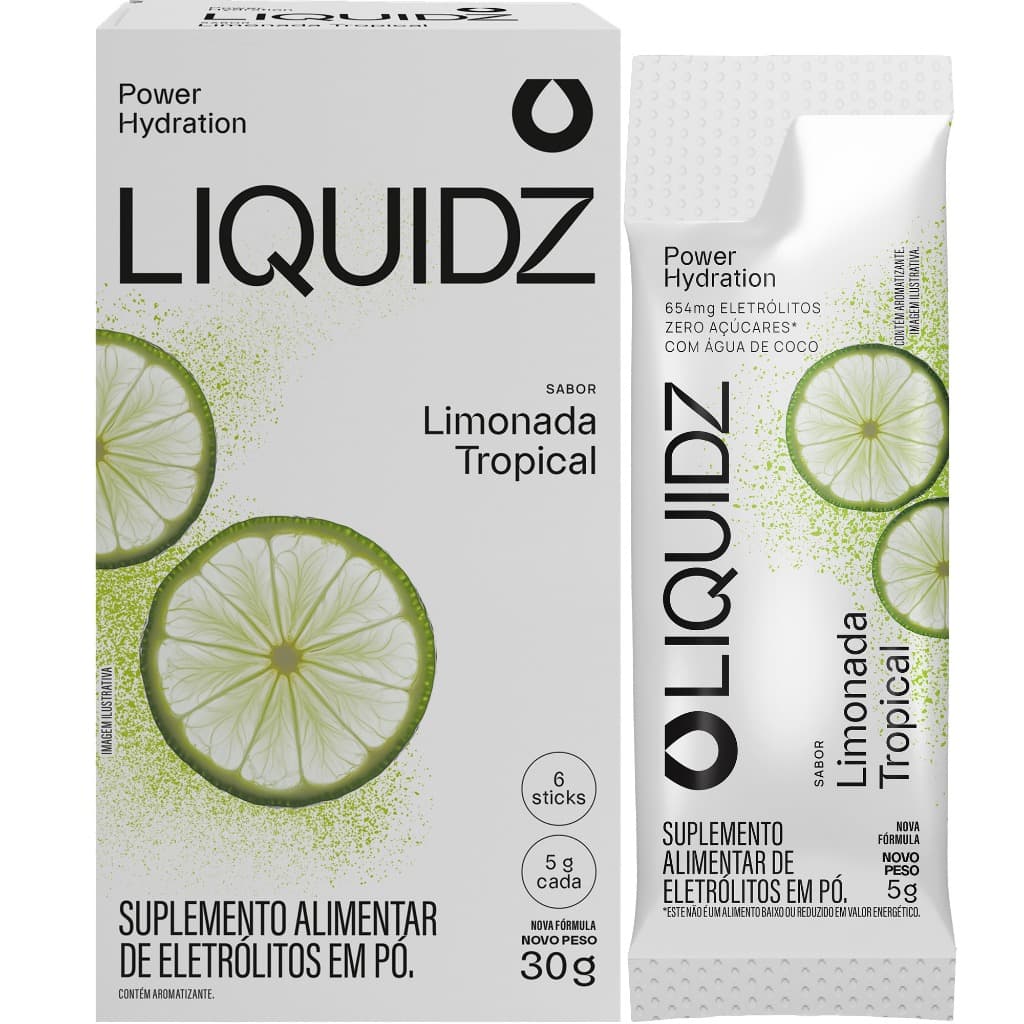 LIQUIDZ® - Eletrólitos Zero Açúcares - Sabor Limonada Tropical - Kit 1 Caixa - 6 sachês