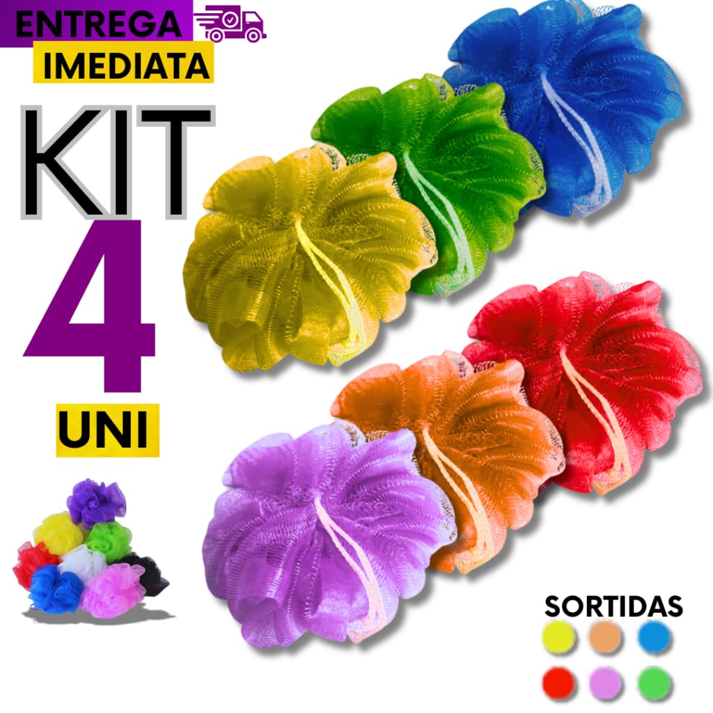 04 Unidades Esponja Bucha Banho Nylon Com Cordinha Ideal para o seu Banho Cores Sortidas