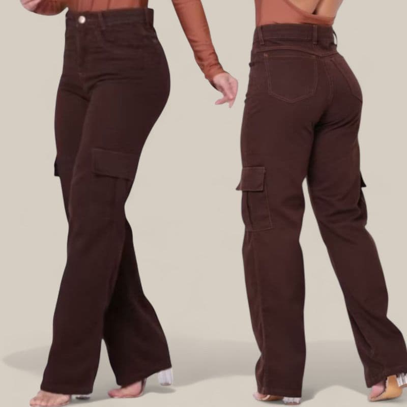 Wide Leg Cargo Colors Jeans Marrom Café