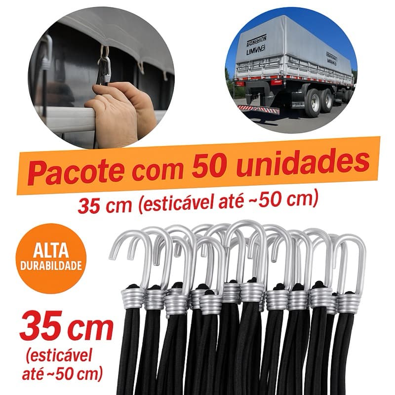 Kit 50 Extensor Elástico Preto 35cm Amarração Lona Caminhao