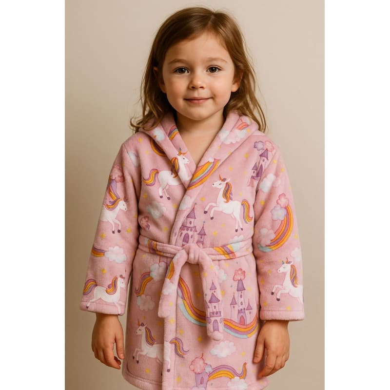 Roupão estampado Unicórnio, Arco-íris Rosa e Nuvem - Pós banho menina - Com cinto, capuz, manta microfibra soft - Macio