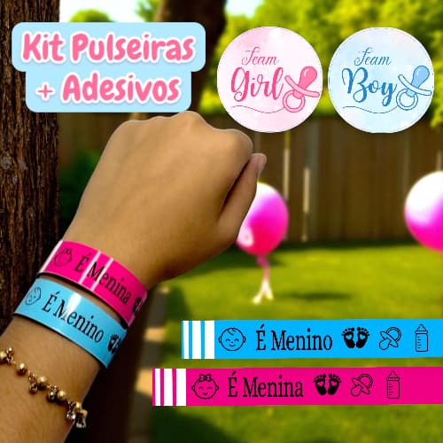 Kit Pulseiras Chá Revelação + Adesivos 5 cm Team Boy e Team Girl, Chá de Bebê rosa e azul, é menino ou é menina