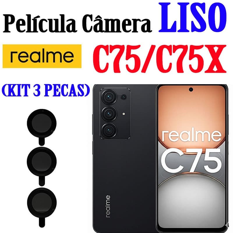 (KIT3PCS)Película De Câmera Liso P/ REALME C75/C75X Protetor De Lente Com Anel De Metal Vidro Temperado