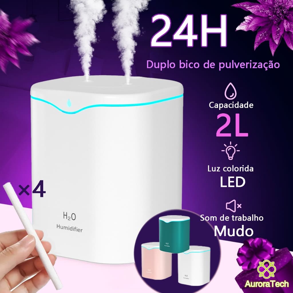 Umidificador De Ar 2000ml Grande Com Bico Duplo LED Ultrassônico Difusor Aromatizador De Ambiente