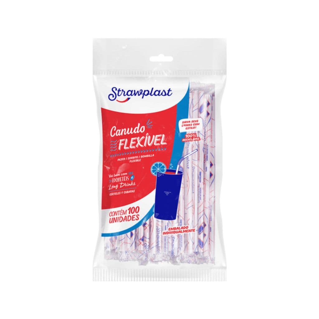 Canudo Plástico Flexível Pacote com 100 Unidades - Strawplast