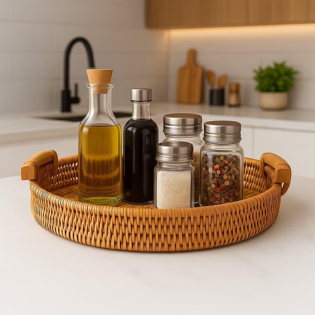 Bandeja De Vime Porta Temperos Café da Manhã Com Alça Decorativa Mesa Cozinha Luxo Bambu