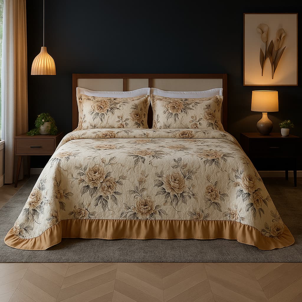 Colcha Queen Com Babado Cama Posta Box Kit 3 Peças Cobre Leito Floral Estampado