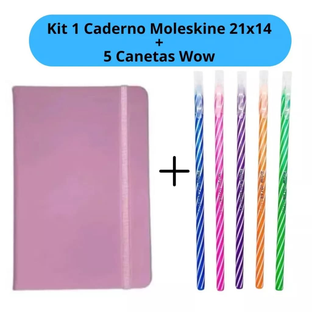 Kit Caderno Moleskine 21x14cm + 5 Canetas WOW Coloridas Espiral Escolar