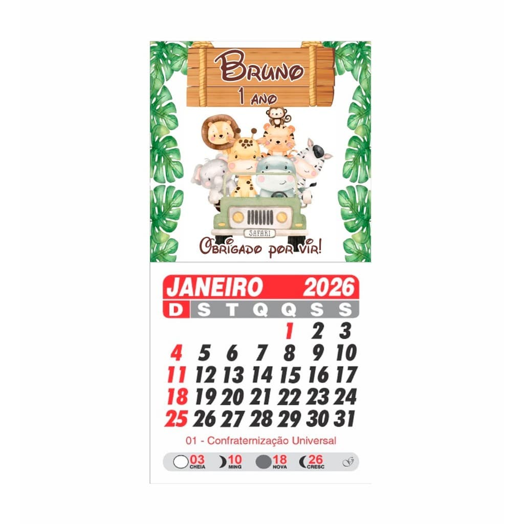 Mini calendario com ima personalizado - Safari Bichinhos