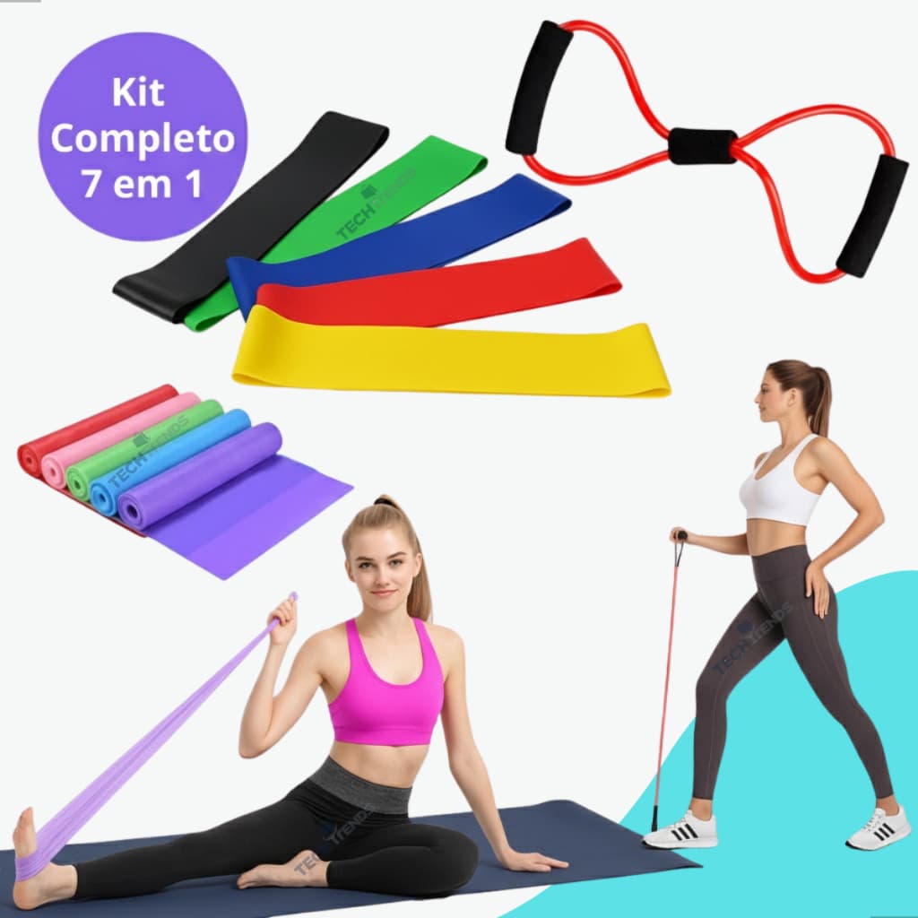 Kit 7 em 1 Elástico Para Exercício Físico em Casa Kit 5 Mini Bands + Faixa Yoga + Elastico extensor