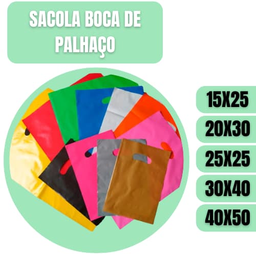 50 Sacolas Plásticas Boca de Palhaço Alça Vazada 15x25 / 20x30 / 25x35 / 30x40 / 40x50  | Loja, Boutique e Presentes