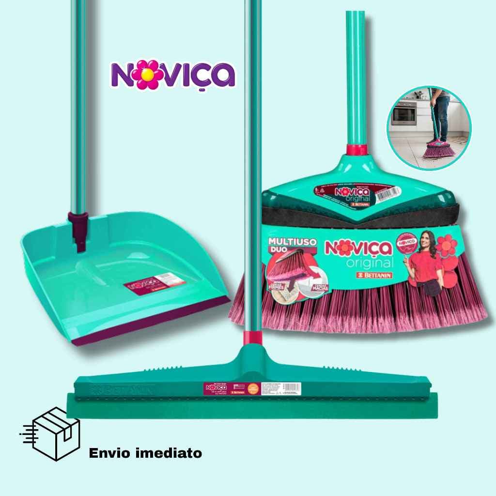 Kit Limpeza Pesada de Vassoura Rodo 40 cm Pá Articulada com Cabo Noviça