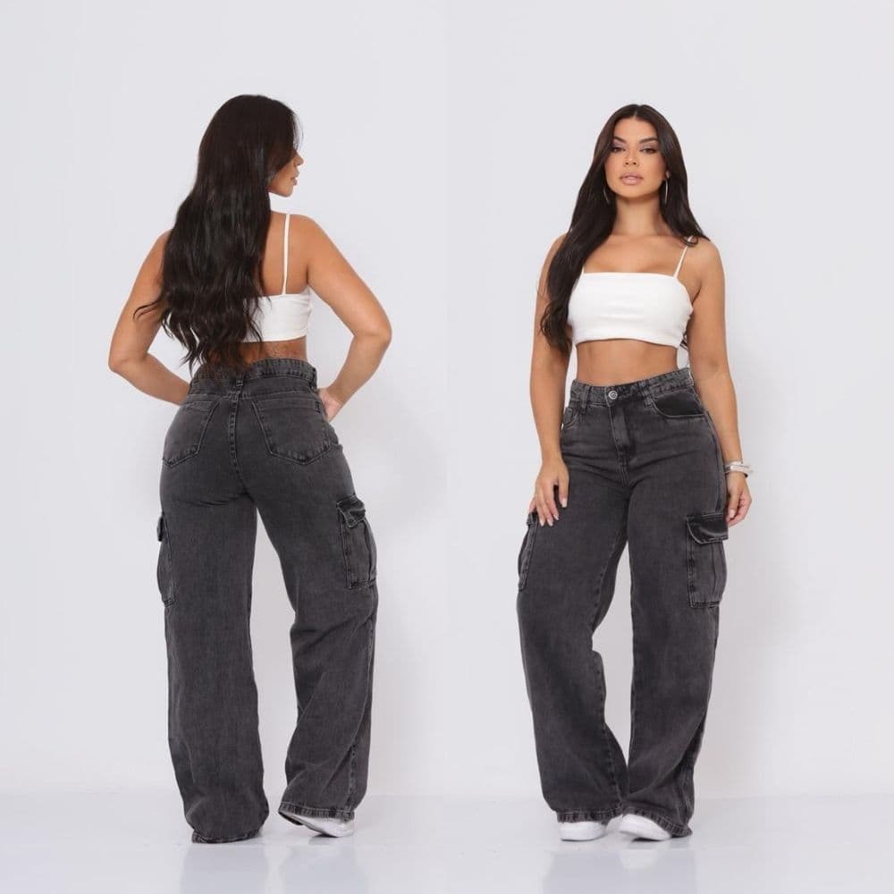 Calça Virgínia Cargo Jeans Feminina Preta