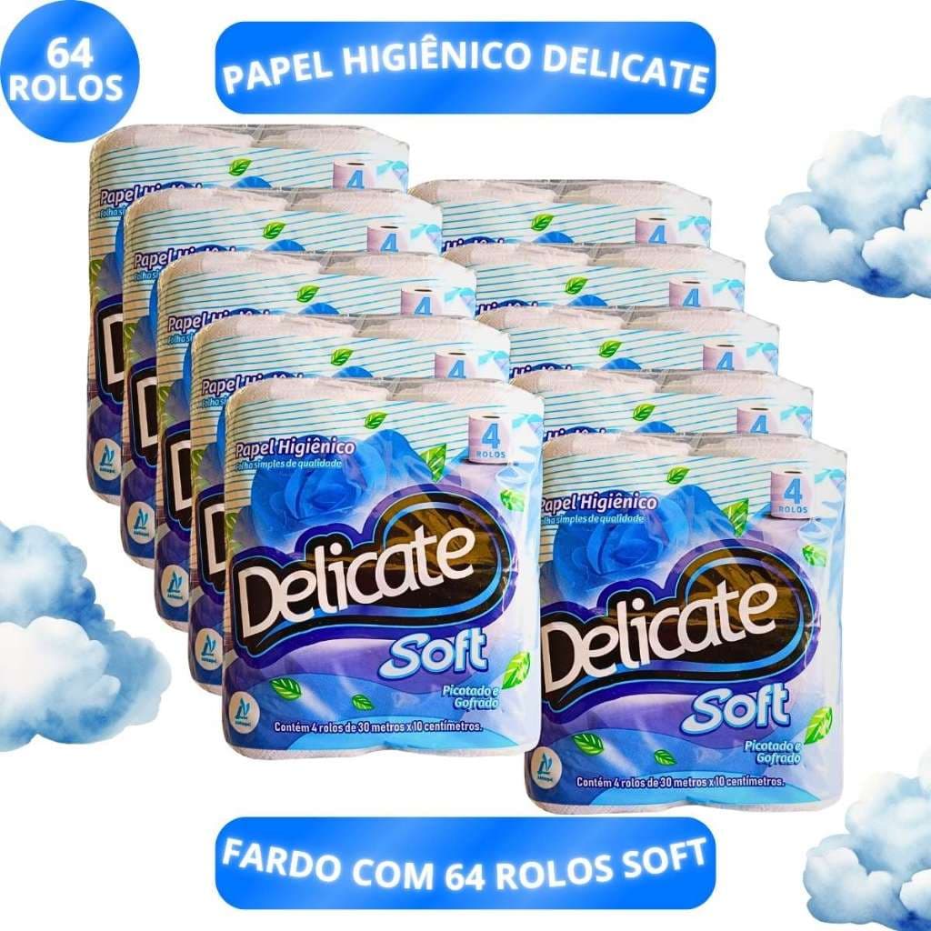 Kit 64 Rolos Papel Higiênico Delicate 30 Metros Soft Suave Simples 16X4 Unidades Fardo
