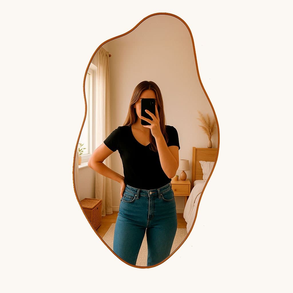 Espelho Orgânico Grande Corpo Inteiro Moldura de Couro + Suporte